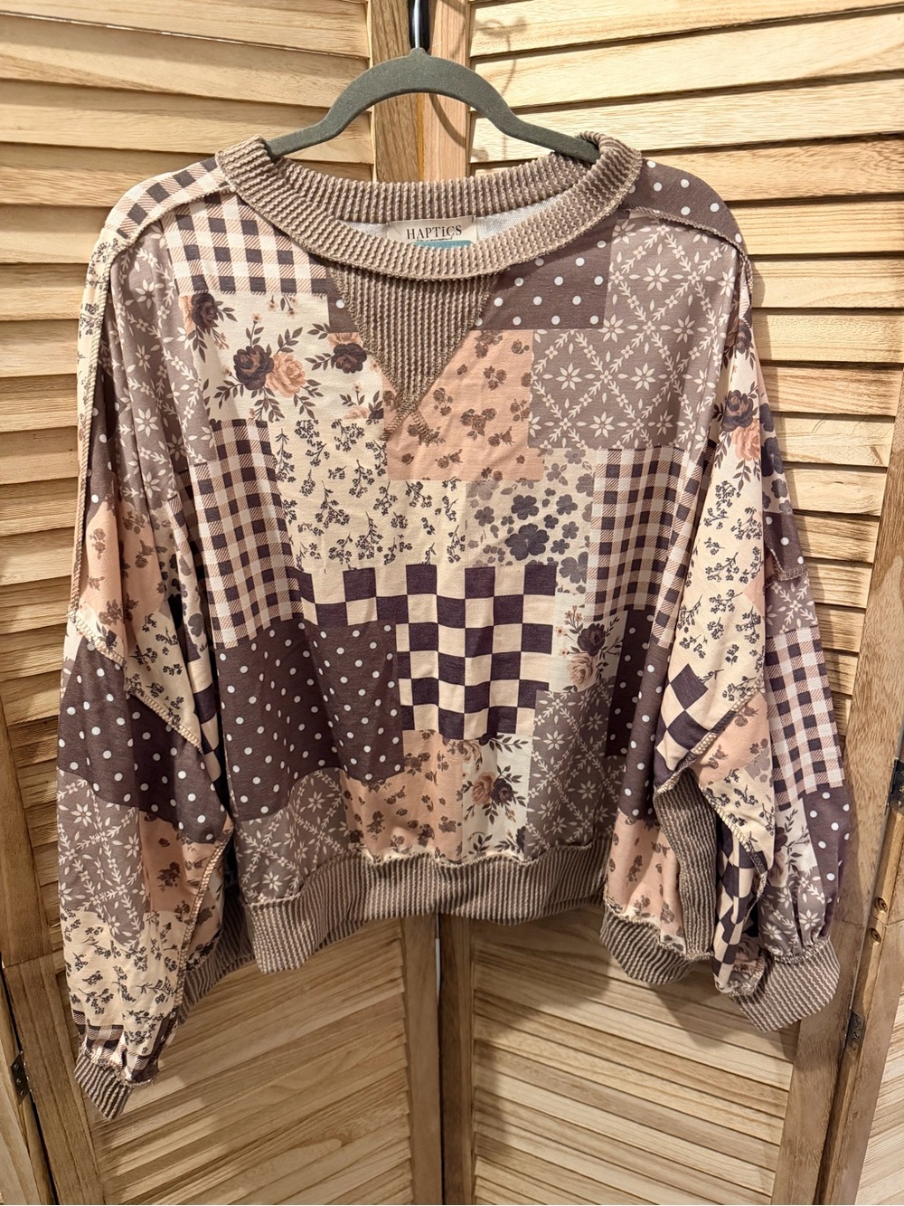 Haptics Taupe & Blush Patchwork Crew Neck Pullover